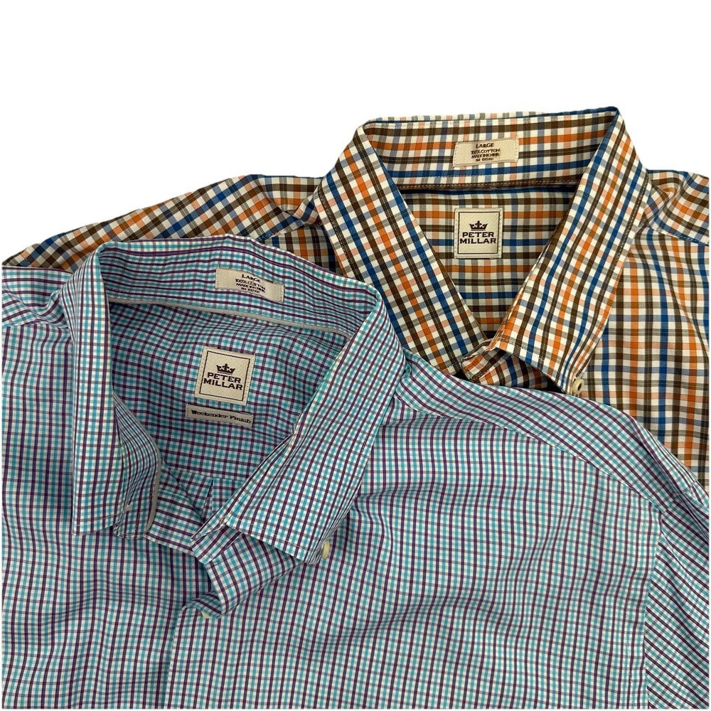 (2) Peter Millar Long Sleeve Button Down Shirts Large Plaid Dress Preppy EUC
